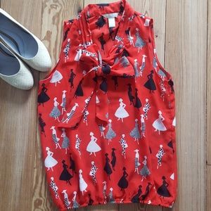 Banana republic red black and white sheer shirt